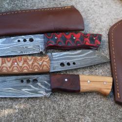 Lot de 3 Couteau Tactical Urbain Tanto Damas Lame Acier 256 Couches Manche Bois Etui Cuir F Artisan