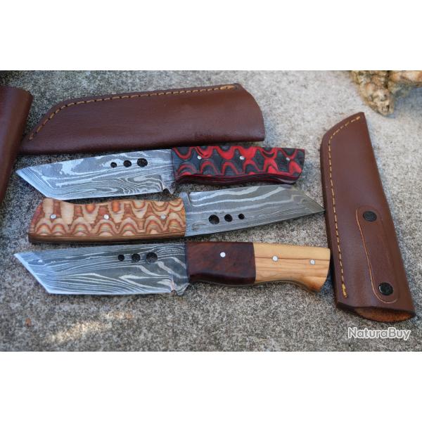 Lot de 3 Couteau Tactical Urbain Tanto Damas Lame Acier 256 Couches Manche Bois Etui Cuir F Artisan