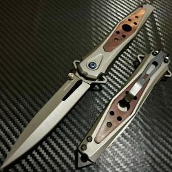 Couteau Semi Automatique ElitEdge Silver Lame Dague Acier 440 Manche Acier/Bois Linerlock 123WD
