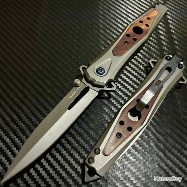 Couteau Semi Automatique ElitEdge Silver Lame Dague Acier 440 Manche Acier/Bois Linerlock 123WD