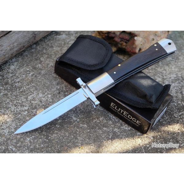 Couteau ElitEdge Dague Pliant Lame Acier 440C Manche Bois Lockback Etui Nylon 001DW