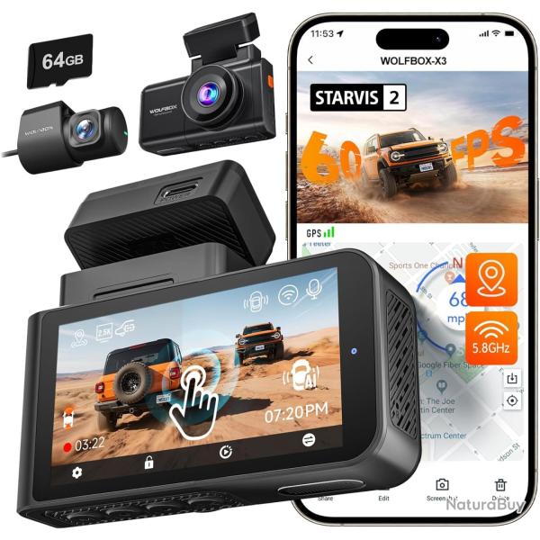 Dashcam Cam�ra embarqu�e 2,5 K 60 FPS 2,5 K + 1080P double cam�ra embarqu�e pour voiture avant arri�