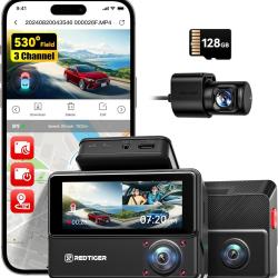 REDTIGER 530&deg; Dashcam Voiture 3 Canaux,Cam&eacute;ra pour Voiture 2,5K+2,5K+1080P avec Carte 128 Go, Vision