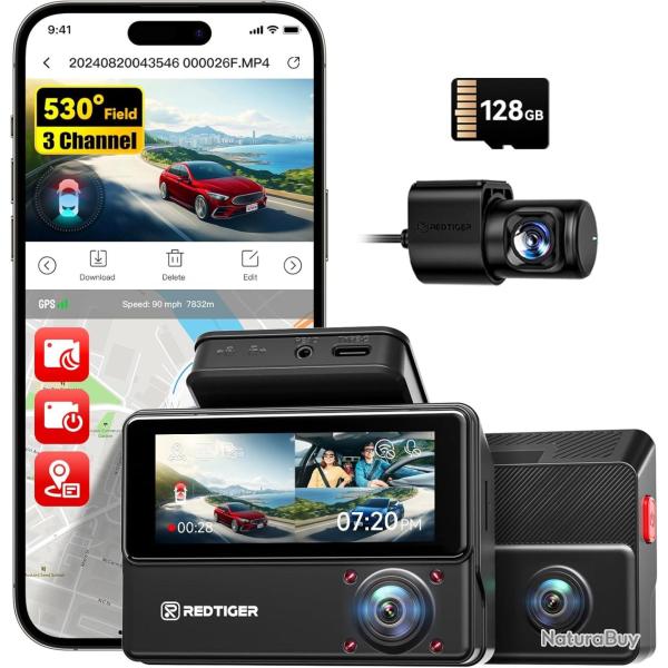 REDTIGER 530� Dashcam Voiture 3 Canaux,Cam�ra pour Voiture 2,5K+2,5K+1080P avec Carte 128 Go, Vision