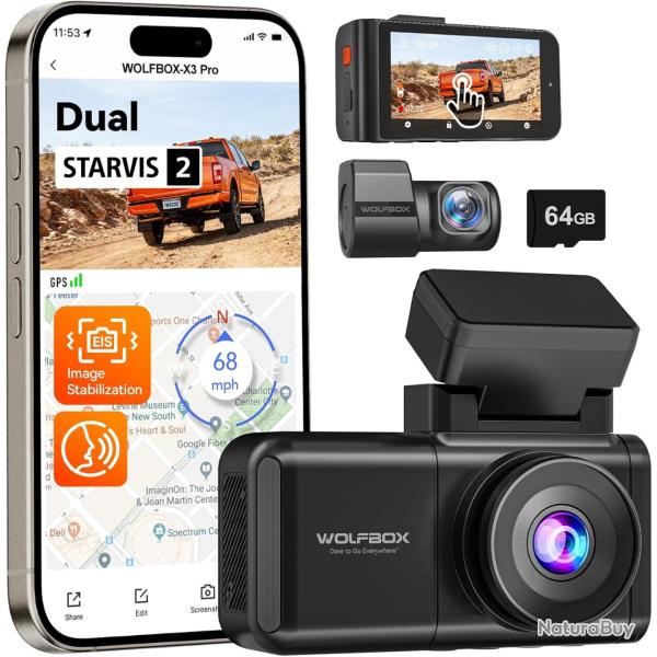 WOLFBOX X3 PRO Cam�ra embarqu�e pour voiture 1440P 60 fps + 1440P ADAS Cam�ra avant arri�re Dual Sta