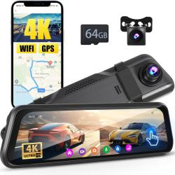 DashCam 4K Wifi Miroir avec GPS & 9.66" &Eacute;cran Tactile, Dashcam Voiture 4K Avant+1080P Arriere, Dashc