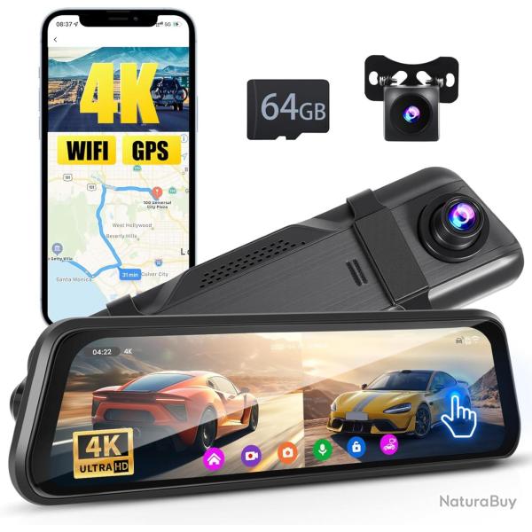 DashCam 4K Wifi Miroir avec GPS & 9.66" �cran Tactile, Dashcam Voiture 4K Avant+1080P Arriere, Dashc