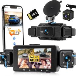 Dashcam Voiture 4 Canaux Avant/Arri&egrave;re 1080P, Cam&eacute;ra Voiture WiFi avec Carte SD de 64 Go, &eacute;cran IPS