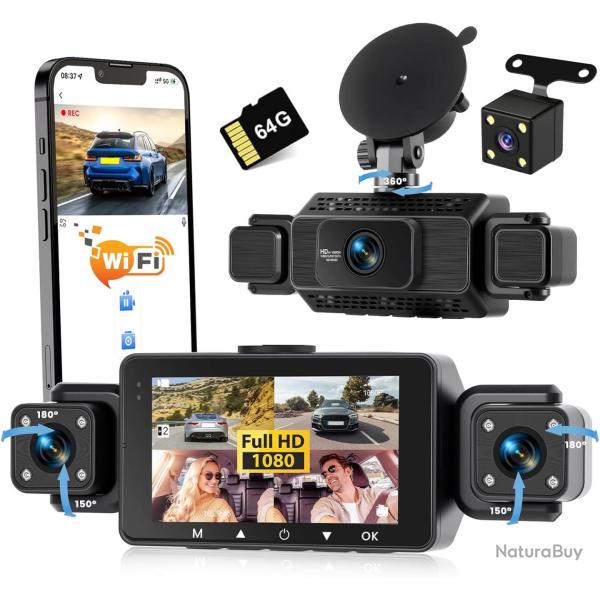 Dashcam Voiture 4 Canaux Avant/Arri�re 1080P, Cam�ra Voiture WiFi avec Carte SD de 64 Go, �cran IPS