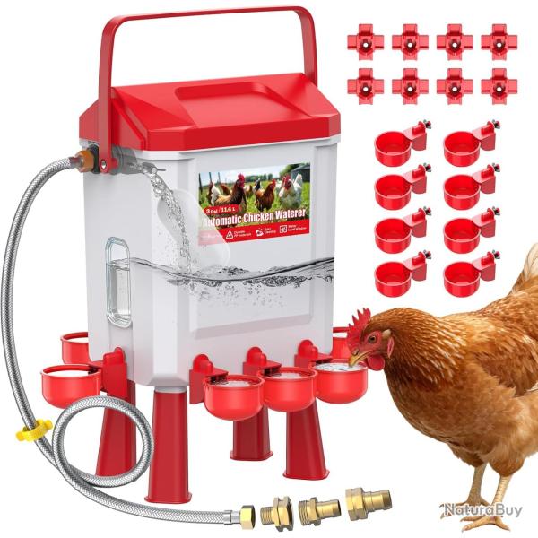 Abreuvoir Poules Automatique 10 litres avec Pieds, 8 Bols, Flotteur Filtr� Contr�l�