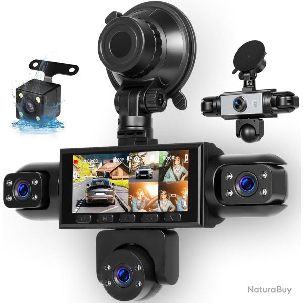 Cam�ra embarqu�e 5 canaux 1080P Avant arri�re int�rieur, �cran IPS 3,16" : Dashcam Voiture 360 Degr�
