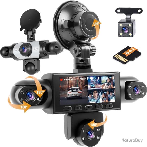 Dashcam 360� 5 Canaux 1080P Carte SD 64 Go Avant Arri�re Int�rieur. G-Sensor. Vision Nocturne. Grand