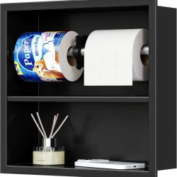 Niche Porte-papier WC Encastr&eacute; avec Tablette, Noir Porte essuie-tout, Inox 304, Antirouille, Double