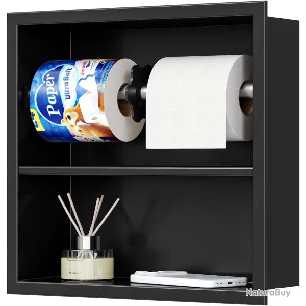 Niche Porte-papier WC Encastr� avec Tablette, Noir Porte essuie-tout, Inox 304, Antirouille, Double