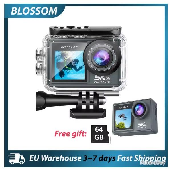 Cam�ra d'action � double �cran Blossom 5K/1080P - Cam�ra sport �tanche grand angle avec t�l�commande