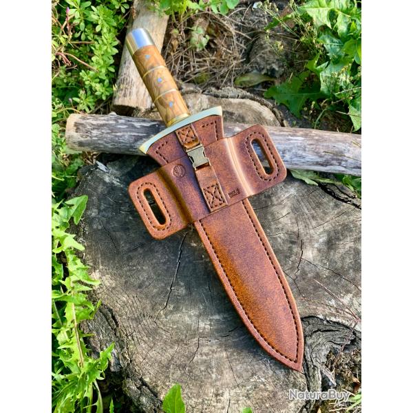 dague de chasse d'artisan / loupe d'olivier / lame inox � 4 gorges / fourreau cuir