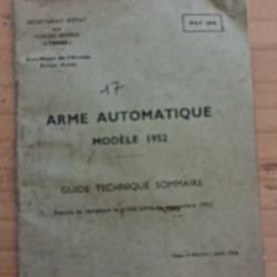 MAT 1074 guide technique sommaire de l'arme automatique mod&egrave;le 1952