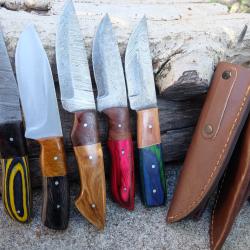 Lot de 5 Skinner Poignard Couteau Damas Lame 256 Couches Manche Bois Fabric Artisanale Etui Cuir