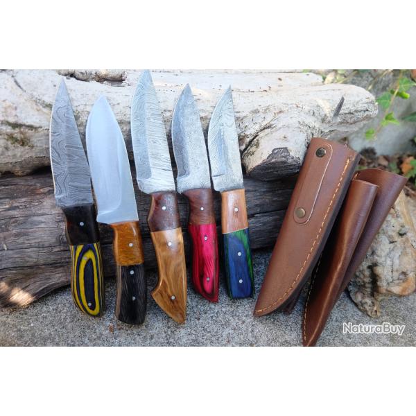 Lot de 5 Skinner Poignard Couteau Damas Lame 256 Couches Manche Bois Fabric Artisanale Etui Cuir