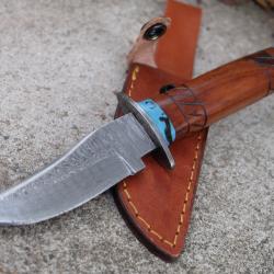 Poignard Puukko Couteau Lame Acier Damas 256 Couches Manche Bois/Damas Fabic Artisanale Etui Cuir