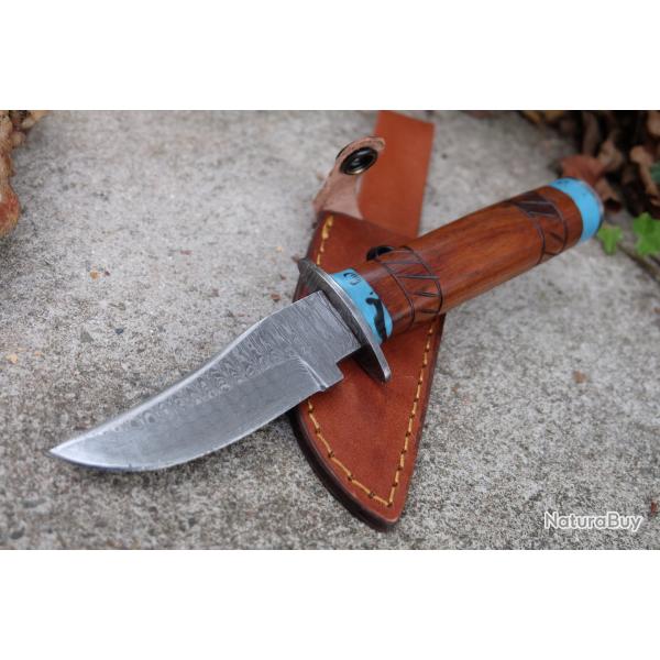 Poignard Puukko Couteau Lame Acier Damas 256 Couches Manche Bois/Damas Fabic Artisanale Etui Cuir