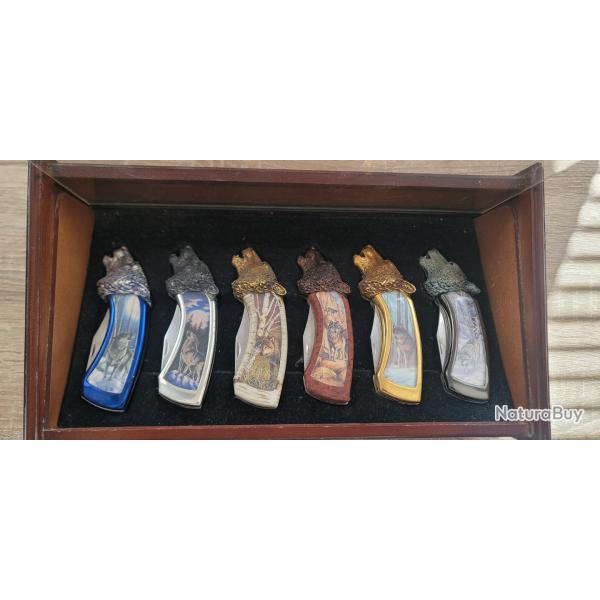 Franklin Mint - Collection compl�te de 6 couteaux Loups + coffret vitrine