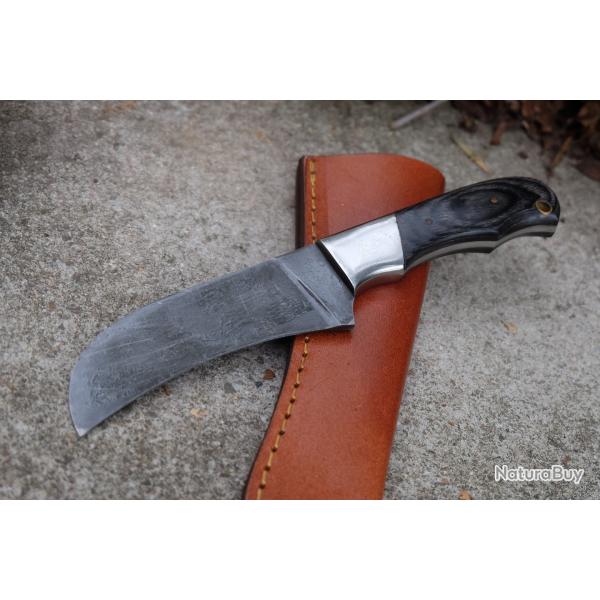 Serpette de Druide Lame Acier Carbone 1055 Black Manche Bois/Acier Fabric Artisanale Etui Cuir