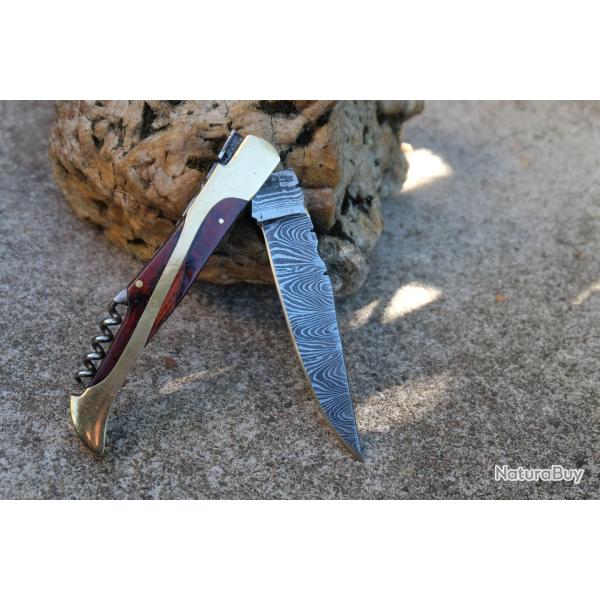 Couteau Damas Lame 128 Couches Fa�on Laguiole Abeille Manche Rubis/Laiton Tire Bouchons F Artisanale