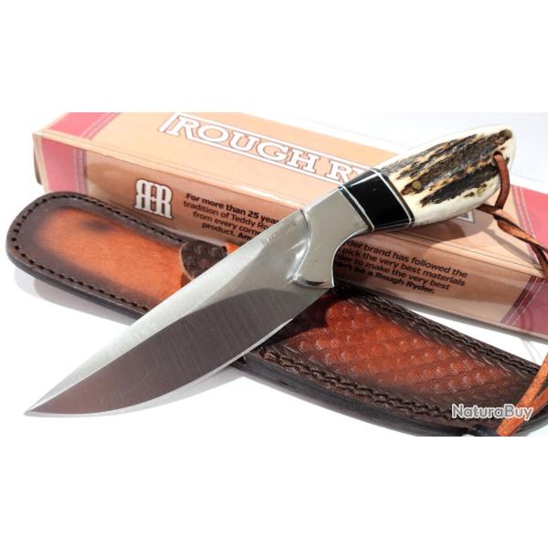 Couteau De Chasse Bowie Lame Acier Inox Manche Bois de Cerf Etui Cuir Camping EDC 2607