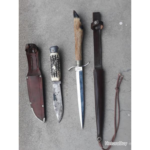 lots dague de chasse venerie manche en pattes de chevreuil etuit cuir et couteaux scout foret chasse