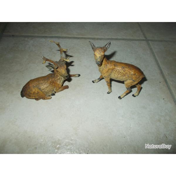 lot cerf et biche en metal peint facon bronze de vienne animalier chasse chasseur courre xix vintage