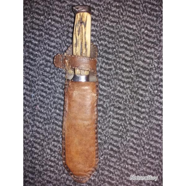 couteau de chasse ancien etuit cuir artisanale dat� 1943