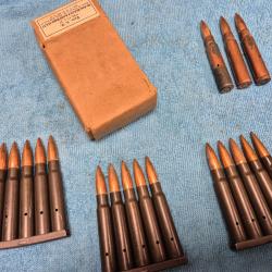 18 mun. + boite Mauser de 1937, 15 mun. WW2 K98 neutralis&eacute; inclus 3 clips et 3 mun. K98 cuivr&eacute; de 39