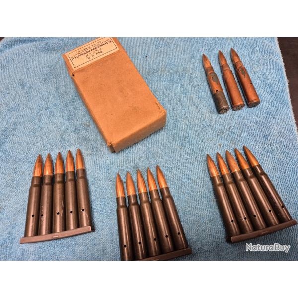 18 mun. + boite Mauser de 1937, 15 mun. WW2 K98 neutralis� inclus 3 clips et 3 mun. K98 cuivr� de 39