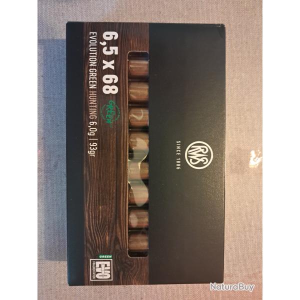1 boite de 20 balles RWS neuves CALIBRE 6,5X68Evolution Green 6,0g / 93gr
