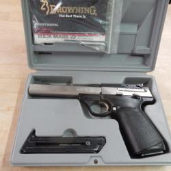 PISTOLET BROWNING BUCK MARK INOX CAL 22 LR + MALLETTE + 2 CHARGEURS 10 COUPS OCCASION BON ETAT