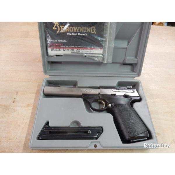PISTOLET BROWNING BUCK MARK INOX CAL 22 LR + MALLETTE + 2 CHARGEURS 10 COUPS OCCASION BON ETAT