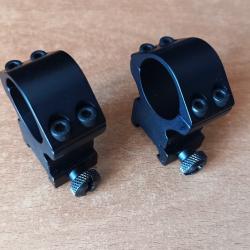 2 colliers supports montage lunette carabine D. 25,4 mm sur rail 21 mm picatinny