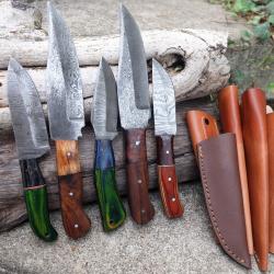 Lot de 5 Skinner Poignard Couteau Damas Lame 256 Couches Manche Bois Fabric Artisanale Etui Cuir 01