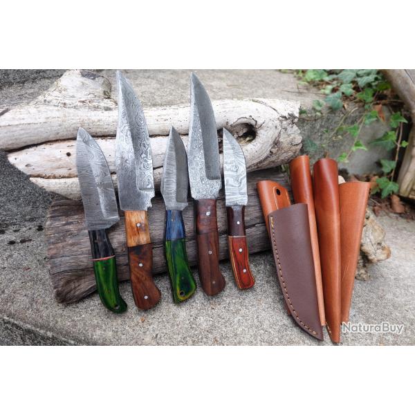 Lot de 5 Skinner Poignard Couteau Damas Lame 256 Couches Manche Bois Fabric Artisanale Etui Cuir 01