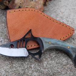 Couteau Requin Skinner Lame Drop Point Acier Carbone 1055 Blk Manche Os Etui Cuir Fab Artisanale