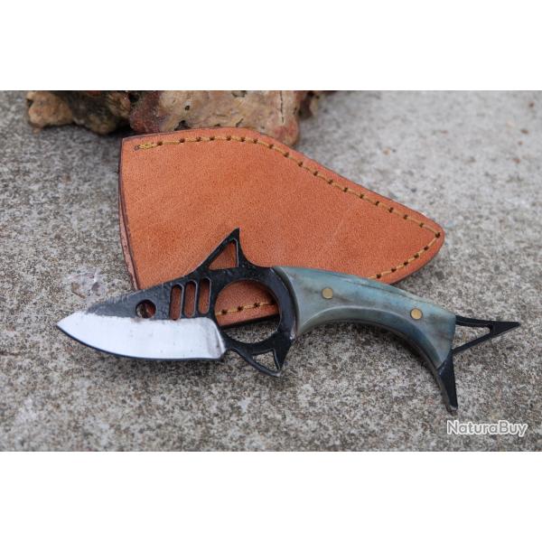 Couteau Requin Skinner Lame Drop Point Acier Carbone 1055 Blk Manche Os Etui Cuir Fab Artisanale