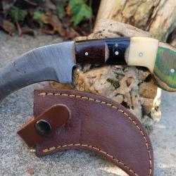 Couteau de Druide Damas Lame 256 Couches Manche Bois/os/Corne Etui CUir Fabr Artisanale