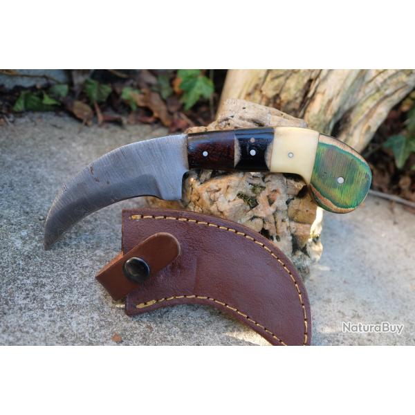 Couteau de Druide Damas Lame 256 Couches Manche Bois/os/Corne Etui CUir Fabr Artisanale