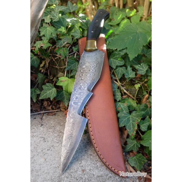 Poignard Zeus Lame Acier Damas 256 Couches Forme Eclair Manche Micarta Etui Cuir Fab Artisanale