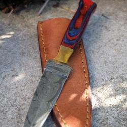 Couteau Dague Scottish Dirk Lame Acier Damas 256 Couches Manche Bois Arlequin Etui Cuir Fab Artisan
