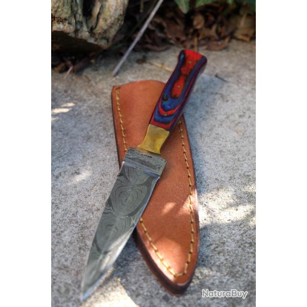 Couteau Dague Scottish Dirk Lame Acier Damas 256 Couches Manche Bois Arlequin Etui Cuir Fab Artisan