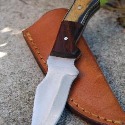 Couteau Skinner de Poche Lame Acier Carbone 1055 Manche 2 Bois Etui Cuir Fab Artisanale