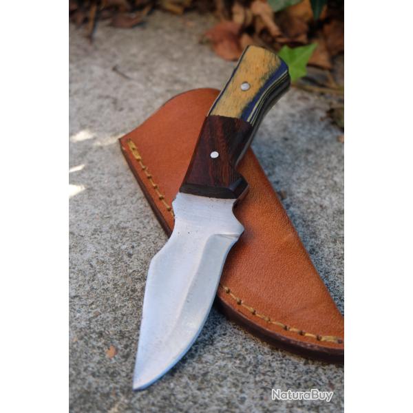 Couteau Skinner de Poche Lame Acier Carbone 1055 Manche 2 Bois Etui Cuir Fab Artisanale