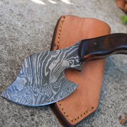 Couteau d'Esquimau Inuit Ulu/Hachoir Lame Acier Damas 256 Couches Manche Bois Etui Cuir Fab Artisan